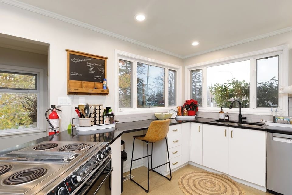 Work space within the kitchen with views of Horner Park. 