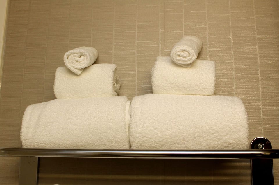 Combined shower/tub, free toiletries, hair dryer, towels
