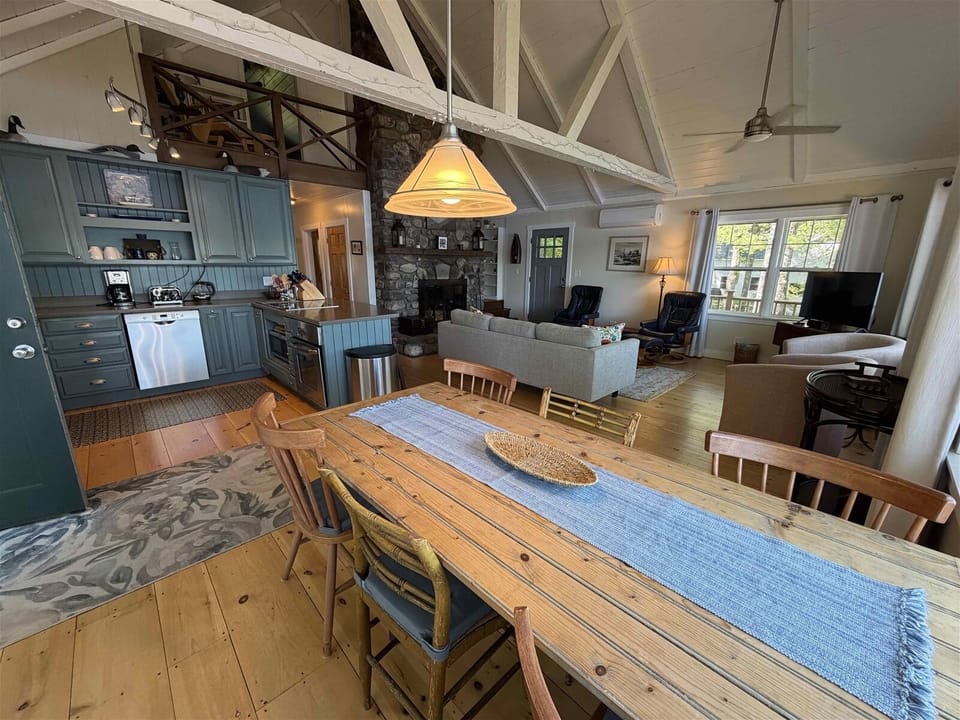 Dining table view into the main living space
