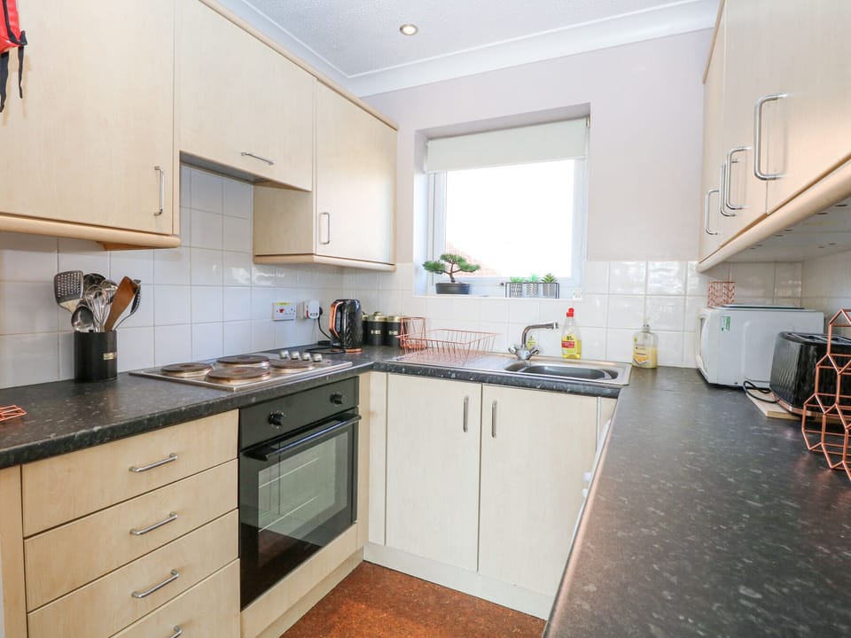 Fridge, microwave, toaster, cookware/dishes/utensils