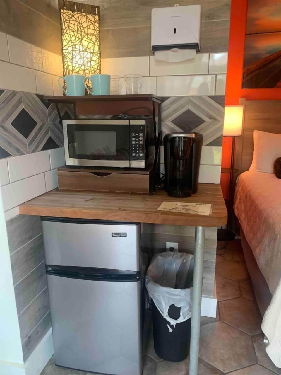 Mini fridge, k cup coffee maker & microwave.