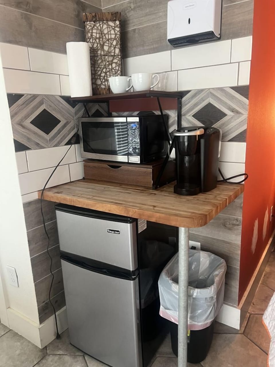 Mini fridge, k cup coffee maker & microwave.