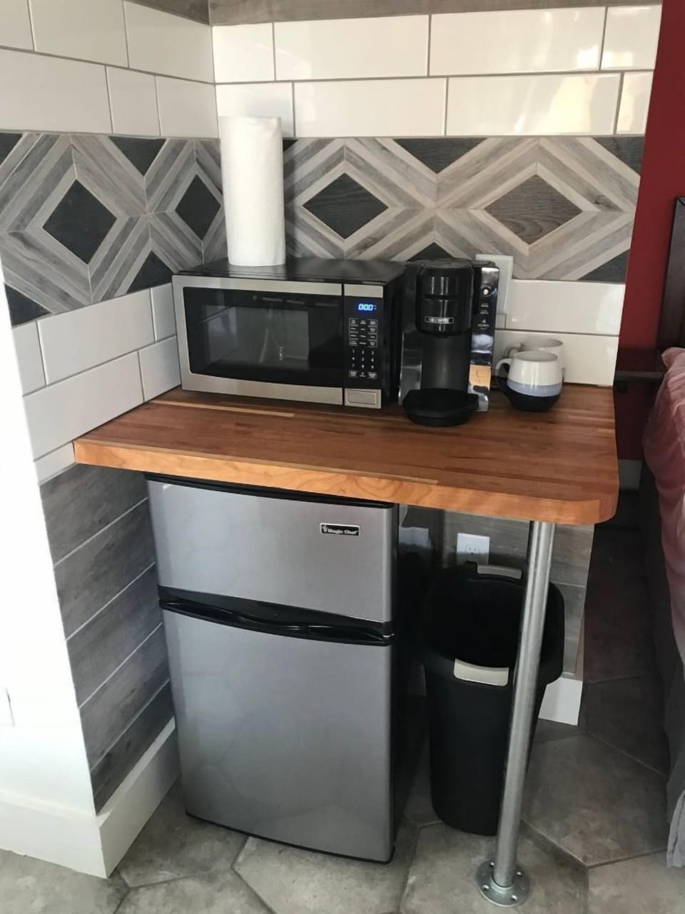 Mini fridge, k cup coffee maker & microwave.
