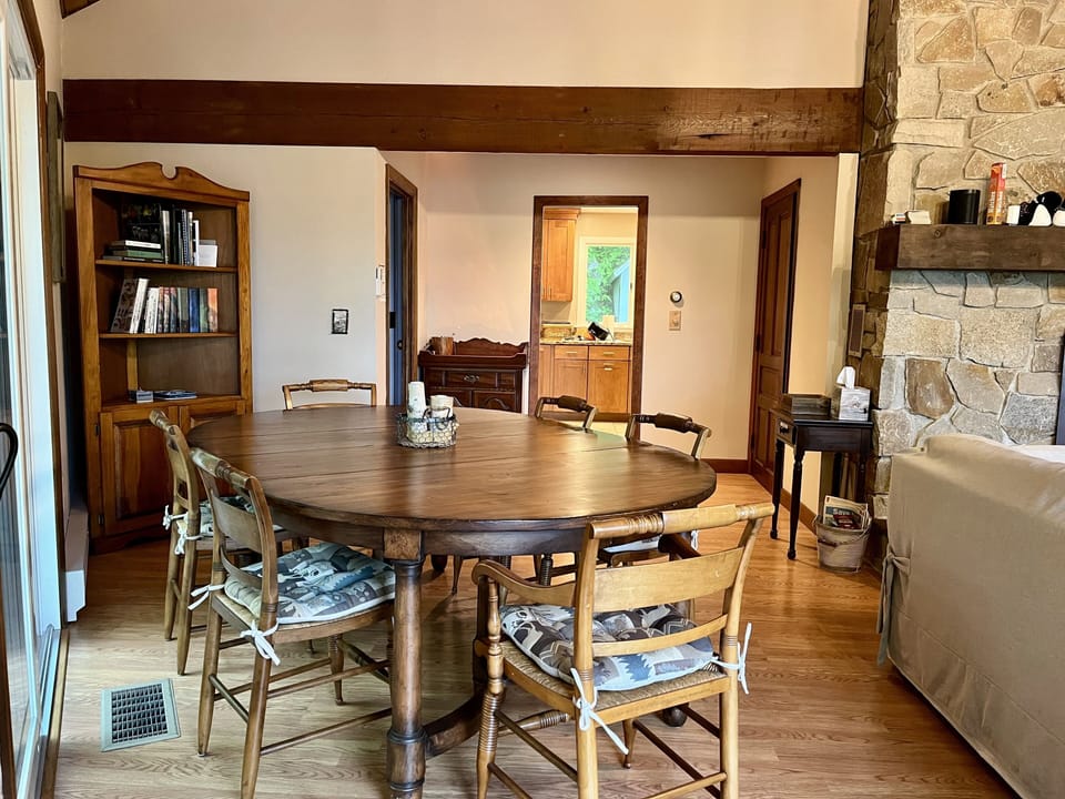 Dining table (seating for 6 shown; seats 8 comfortably and up to 10)