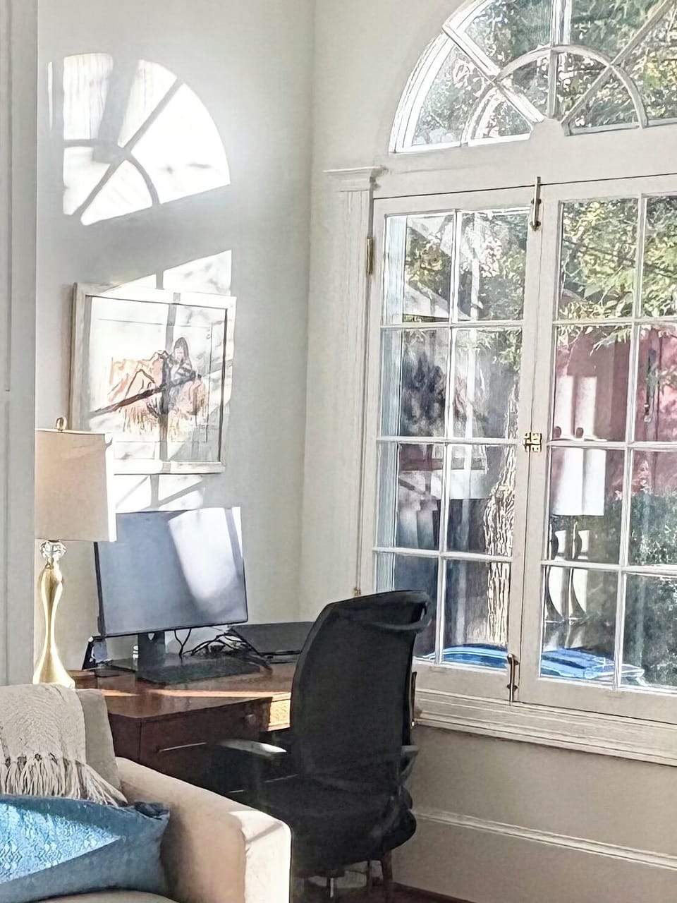 Office desk/chair/printer/monitor on 2nd floor living room overlooking Rose Park