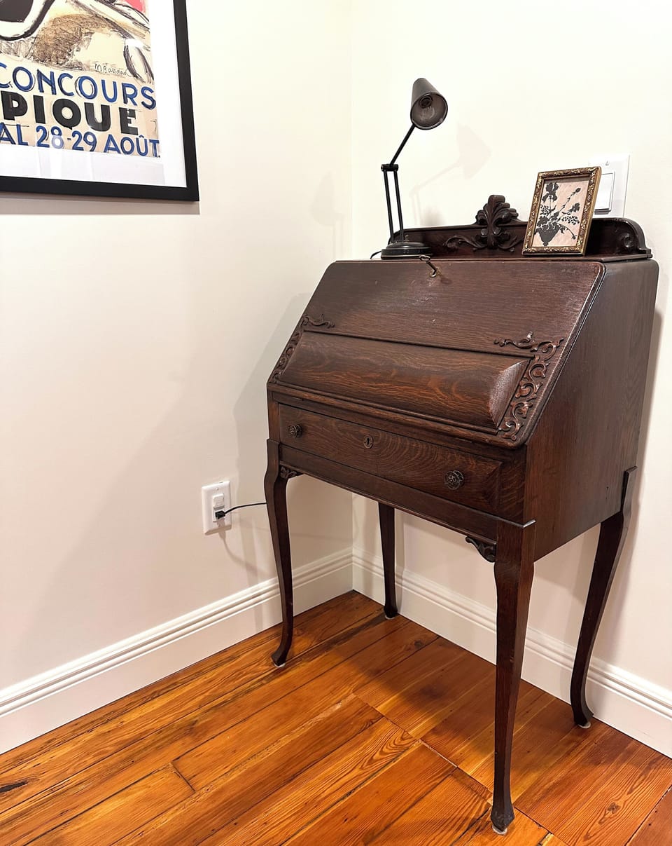 Antique secretary desk with lamp—perfect for remote work, journaling & planning.