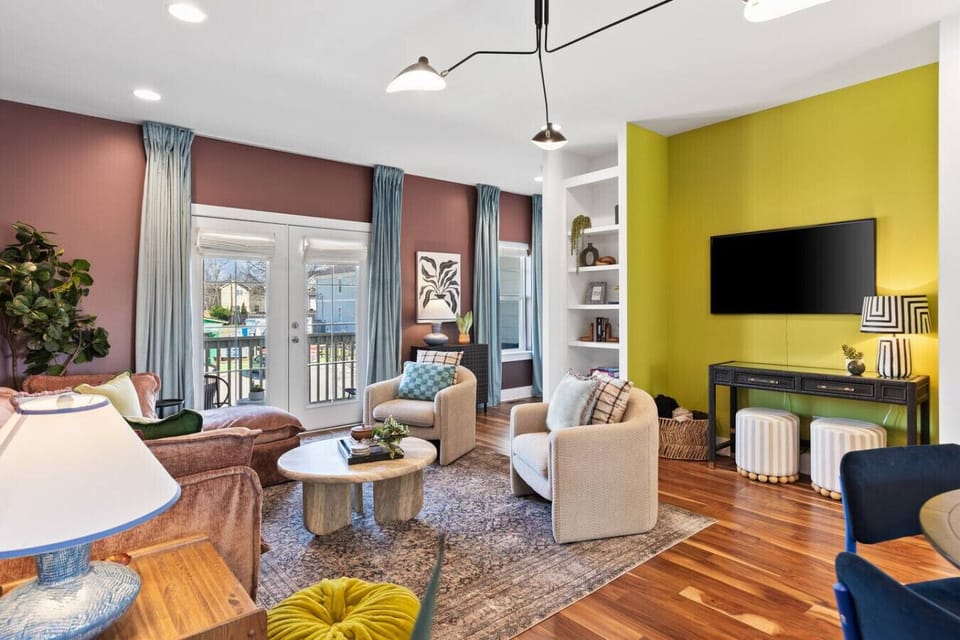 Spacious, stylish living room with a Smart TV and comfortable new furnishings for you to relax. Private balcony with outdoor seating off of the living room area.