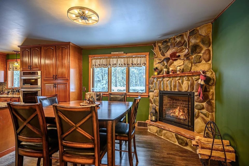 Gas Fireplace and dining room