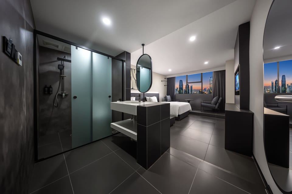 Rainfall showerhead, hair dryer, slippers, towels