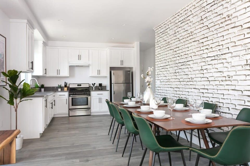Dining space with long table for group gatherings