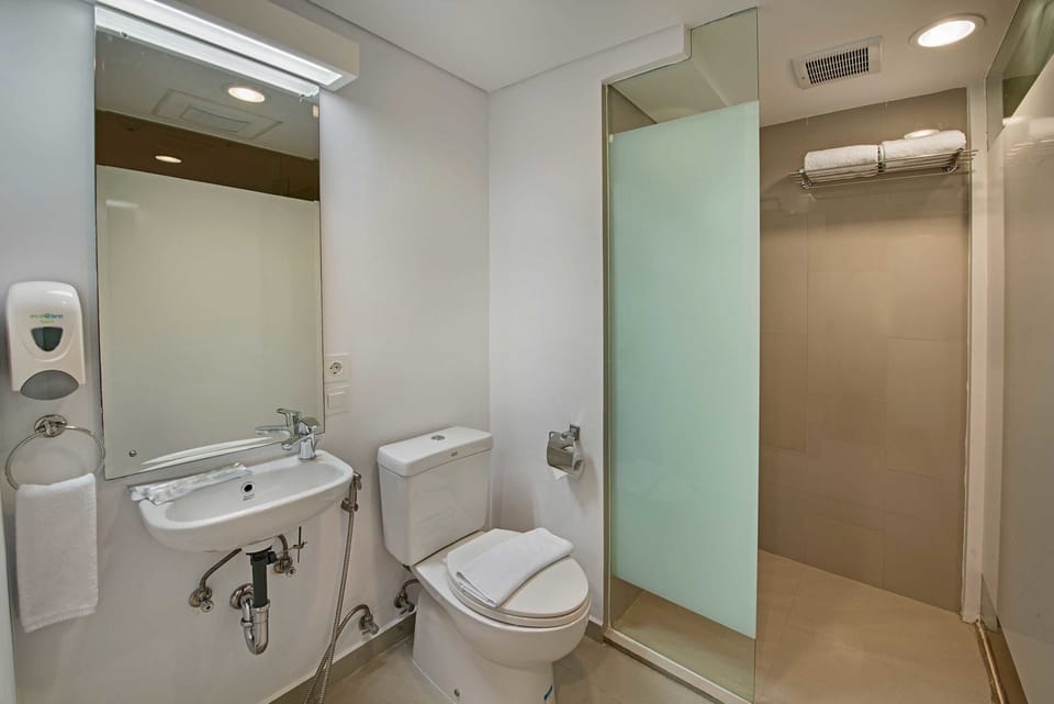 Deluxe Double Room With Balcony | Bathroom | Shower, free toiletries, hair dryer, slippers