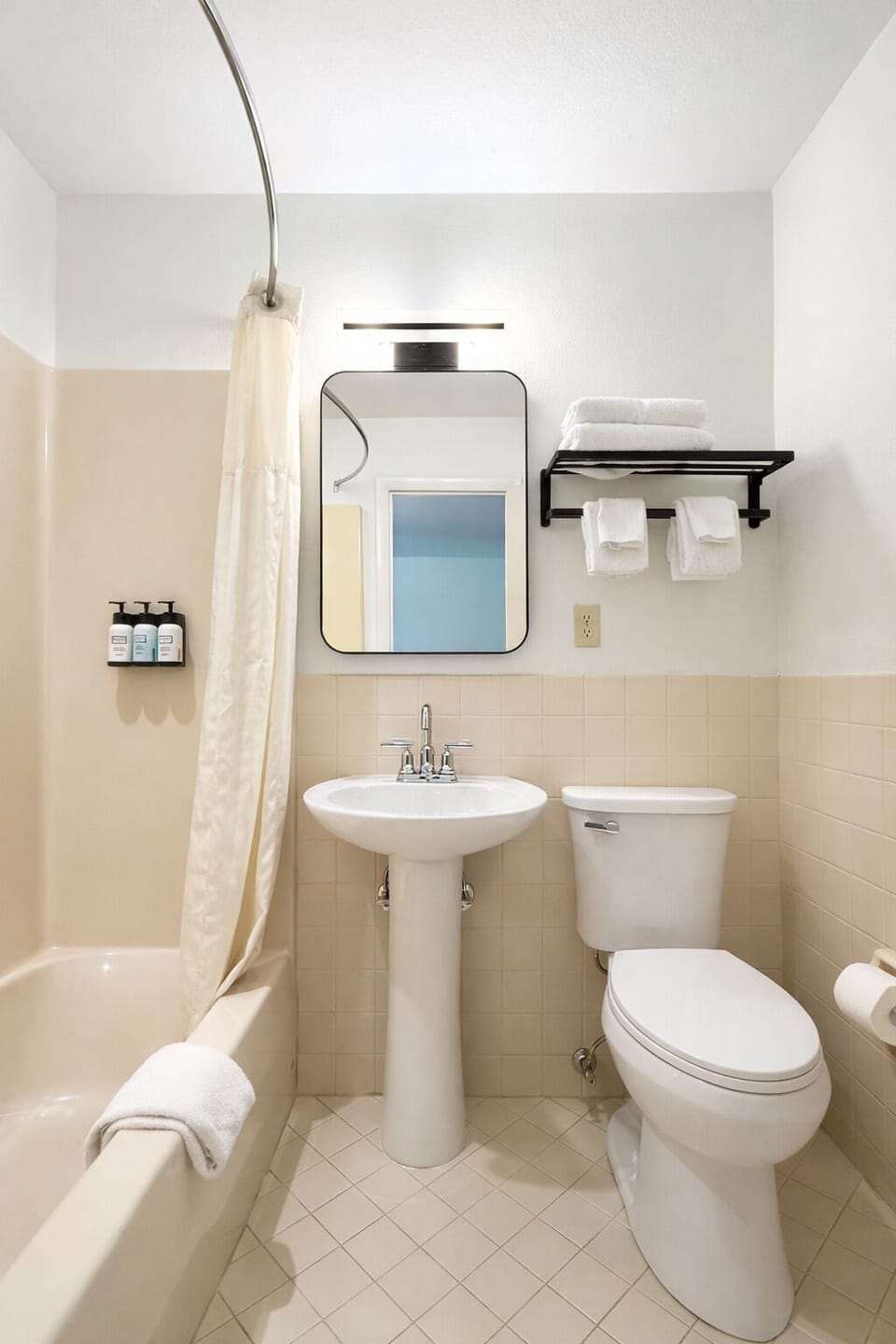 Hair dryer, towels, soap, shampoo