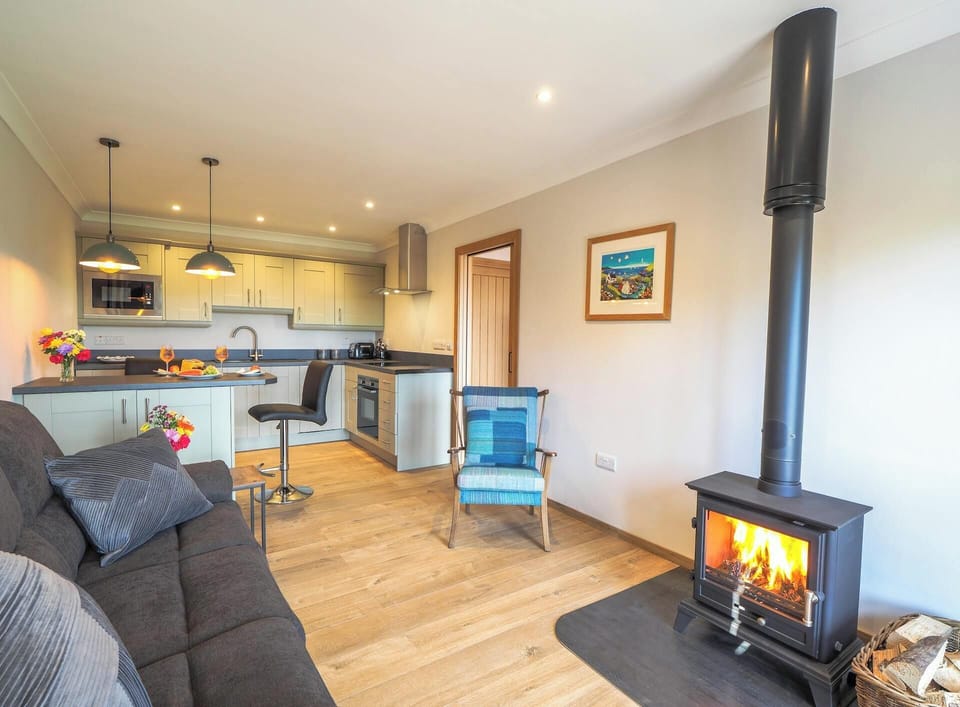 The lounge and the kitchen with a sofa, log burner, chair wooden floors.