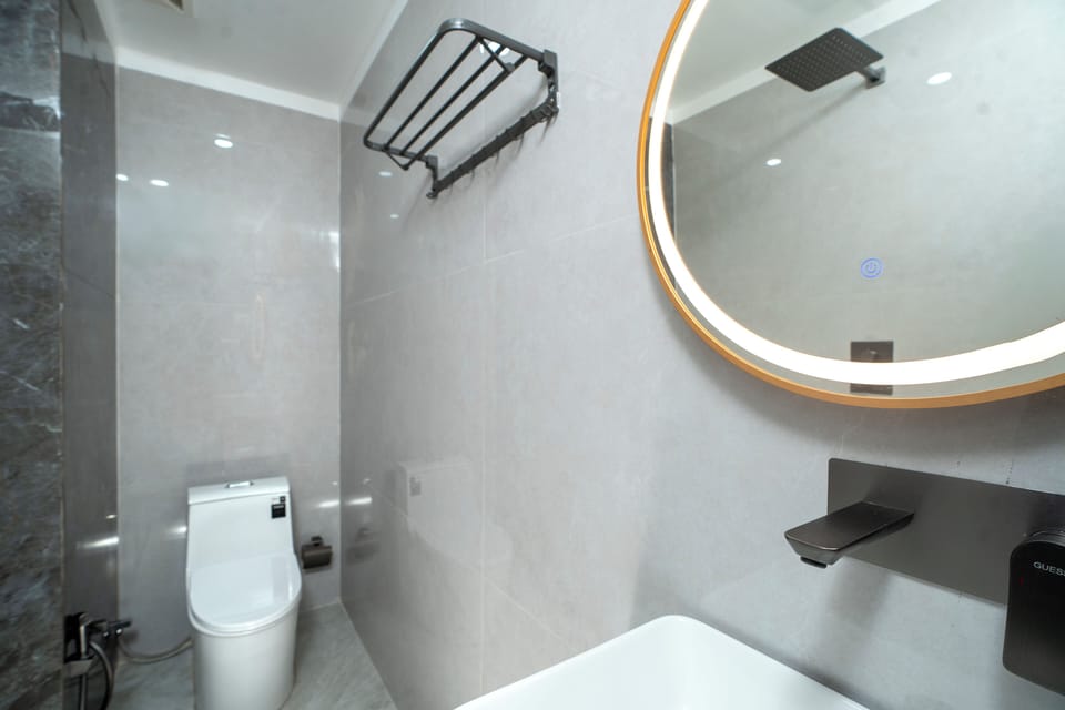 Separate tub and shower, hair dryer, towels, soap