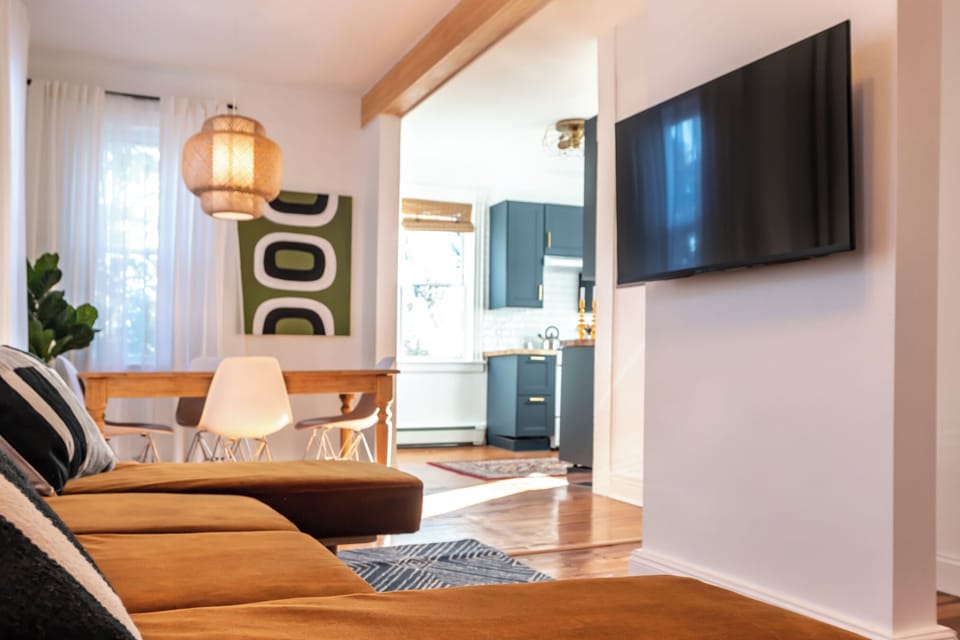 Open living room, dining room and kitchen