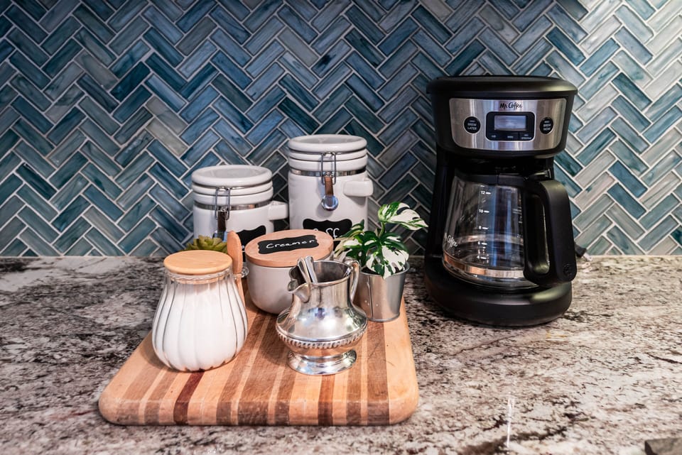 Help yourself to the coffee/t bar in kitchen with coffee, tea, sugar and creamer