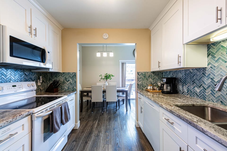 Fully stocked and labeled kitchen makes cooking a breeze, with coffee bar