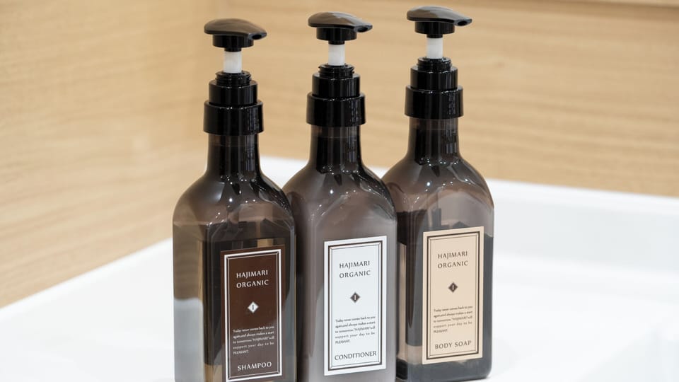 Eco-friendly toiletries, hair dryer, slippers, electronic bidet