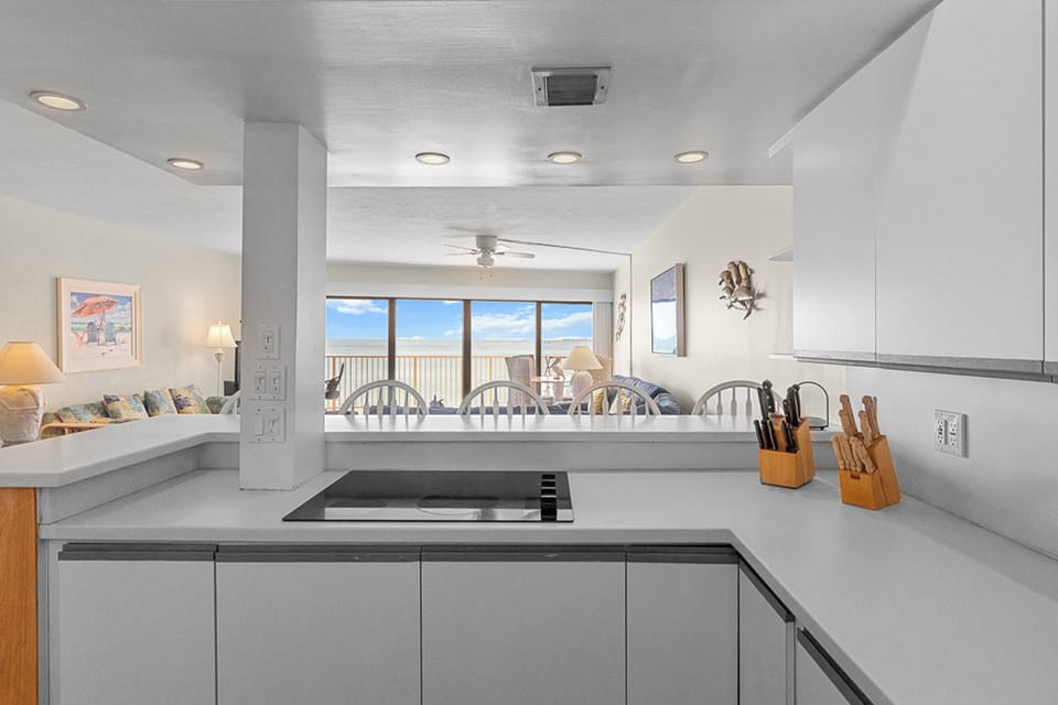 View of ocean from kitchen. Open floor plan