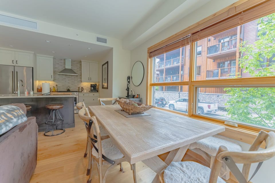 Kitchen and dining space with view to outside