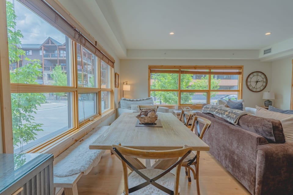 Dining area with exterior view through windows