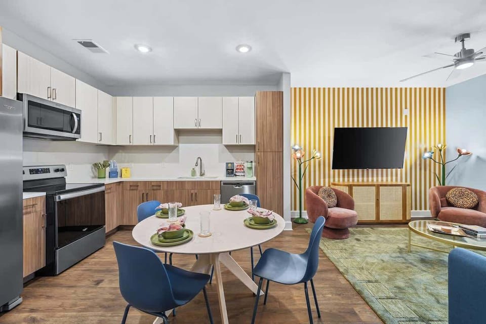 Bright colors and modern decor create a fun space for relaxation and dining!