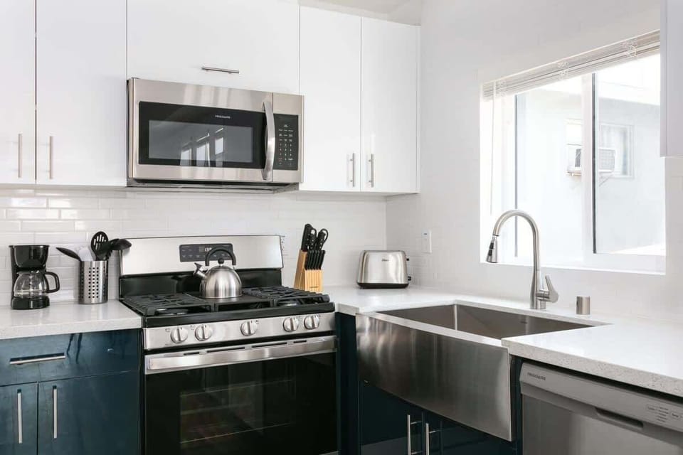 Bright kitchen with ample counter space and storage
