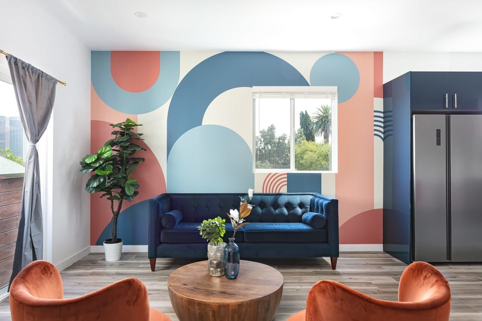 Stylish living room with colorful design and cozy seating