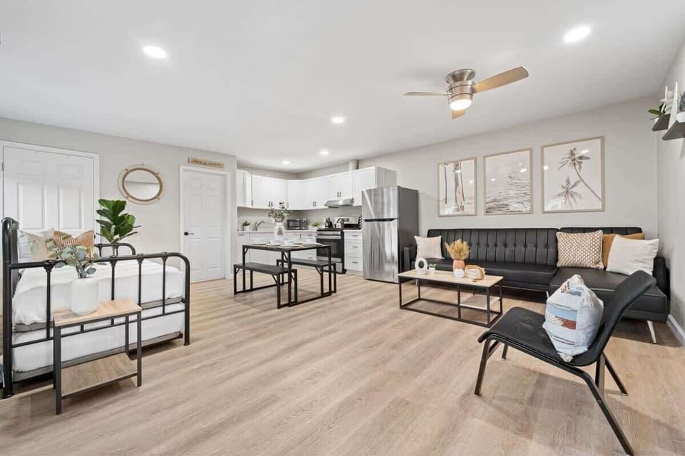 Spacious living room with comfortable seating and natural light
