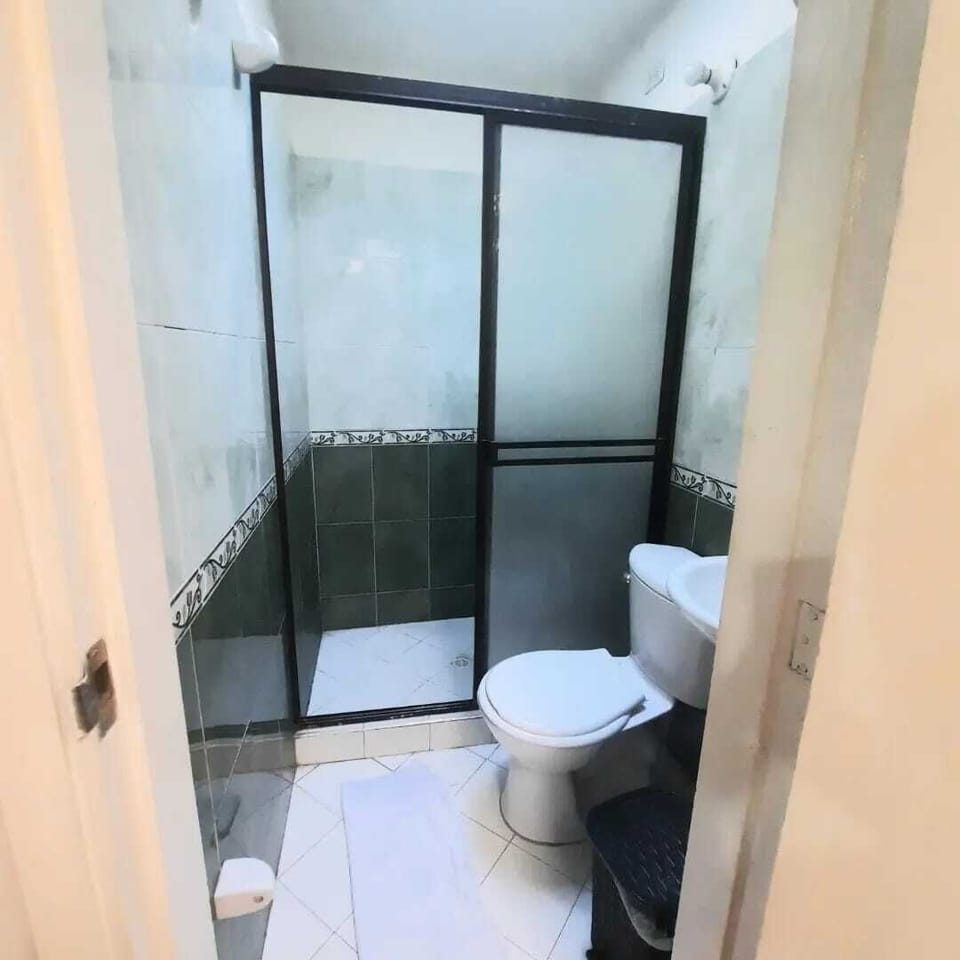 Shower, towels, soap, toilet paper