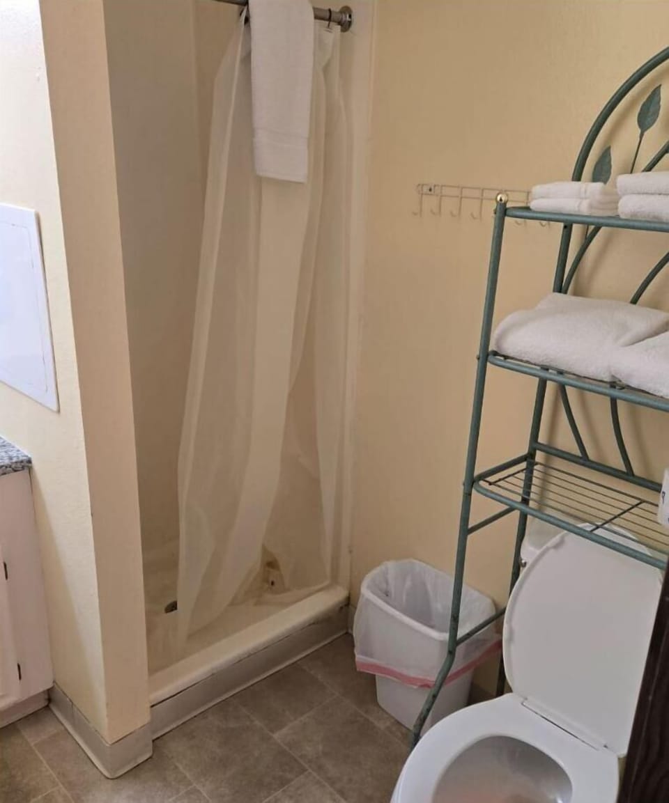 Shower, free toiletries, towels, soap