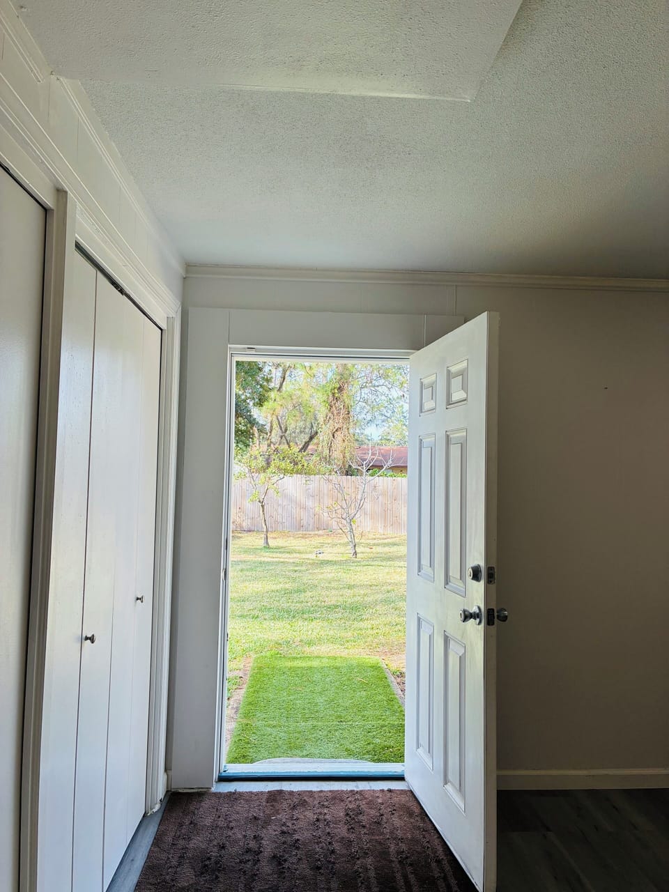 Backyard entrance form bonus room. 