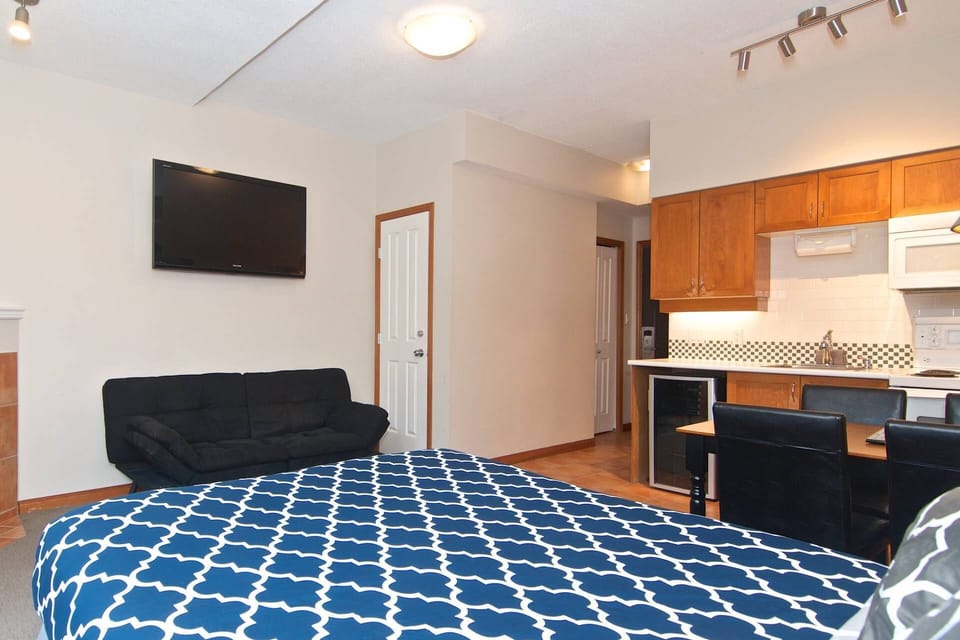 Showing 50 inch TV and futon/sofa bed (bedding included in closet)