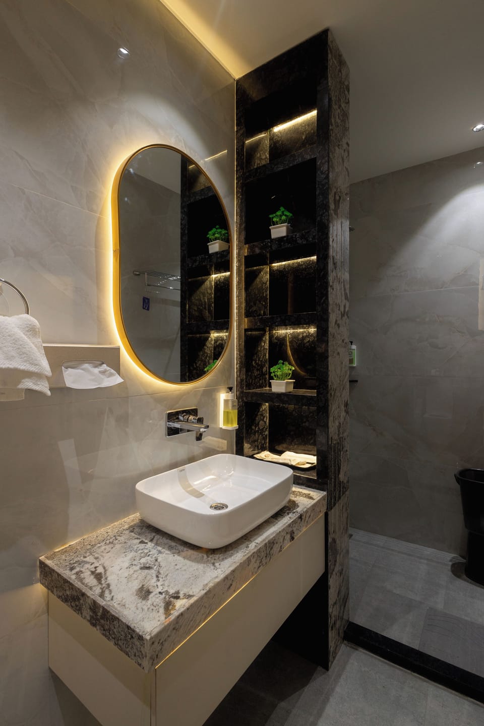 Shower, free toiletries, slippers, towels