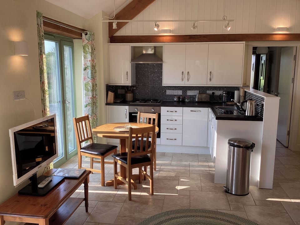 Fridge, microwave, dishwasher, cookware/dishes/utensils