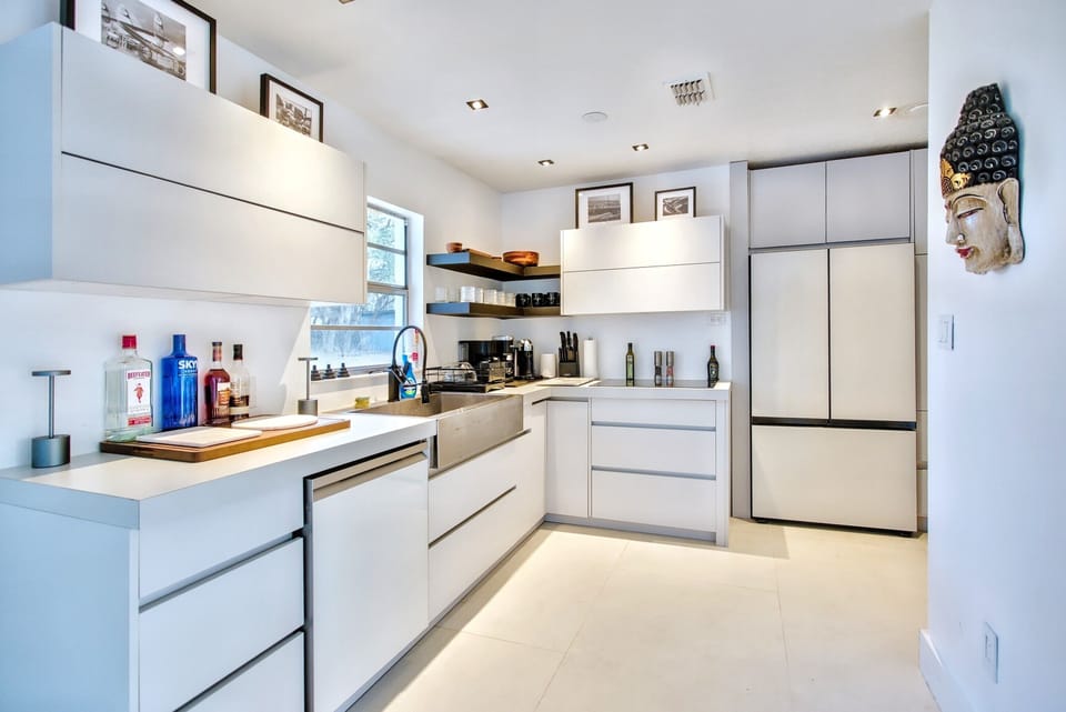 Custom kitchen with modern style, full functionality, and multiple tea options.
