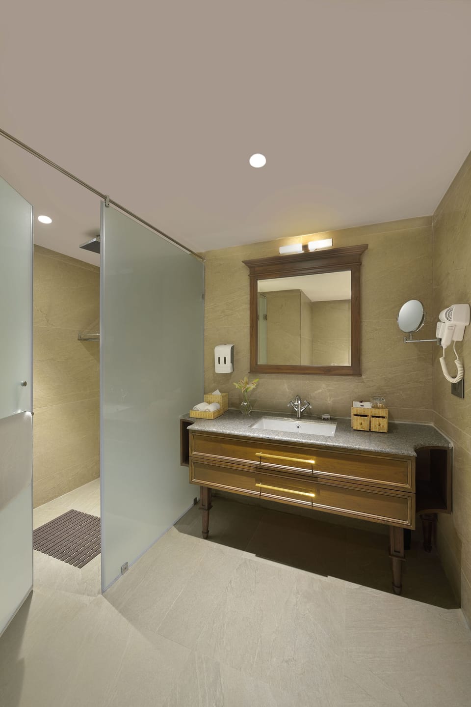 Shower, free toiletries, hair dryer, bathrobes
