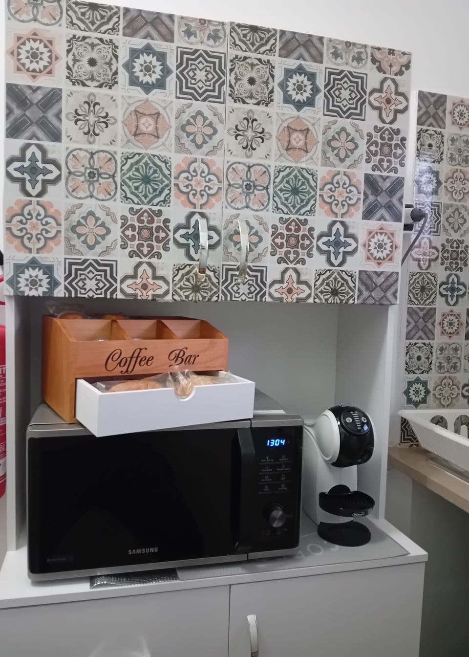 Fridge, microwave, stovetop, espresso maker