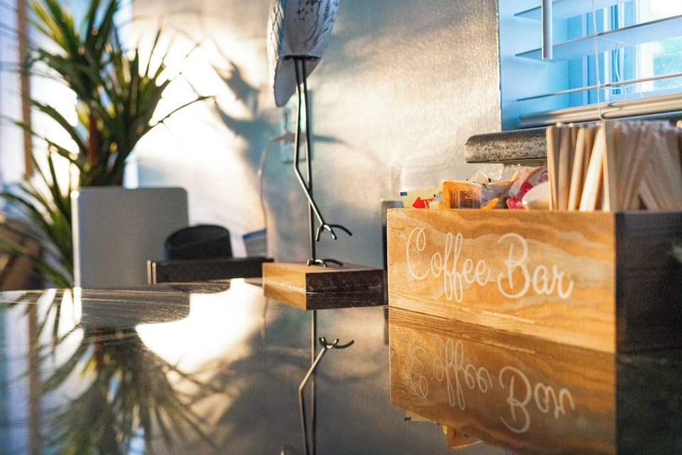 Coffee bar is out of the way in the kitchen.