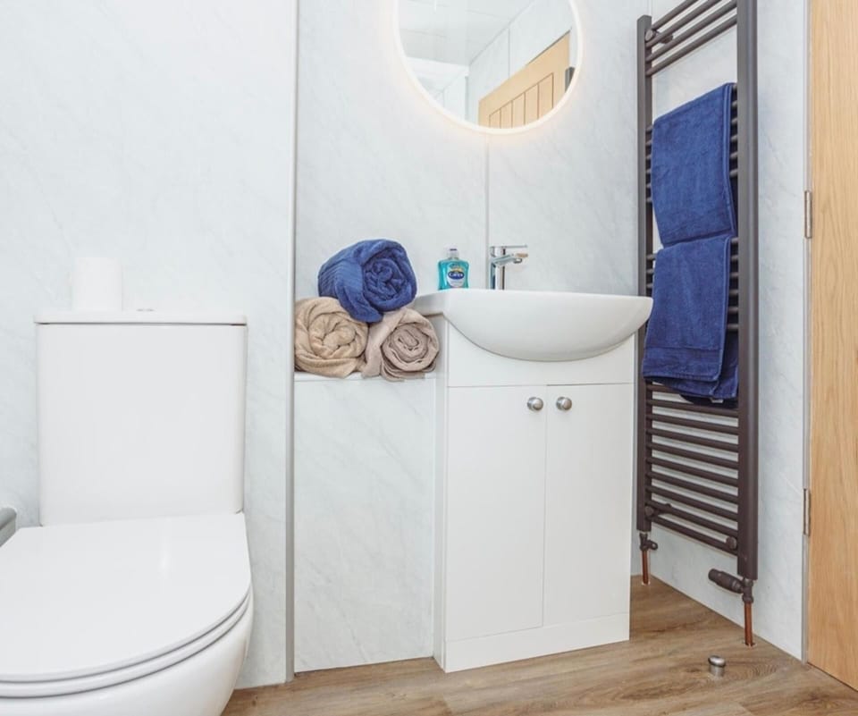 Shower, hair dryer, towels, toilet paper