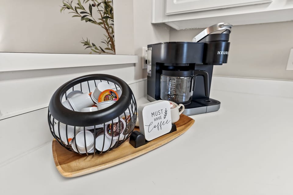Coffee bar with kcups, creamers and sugar