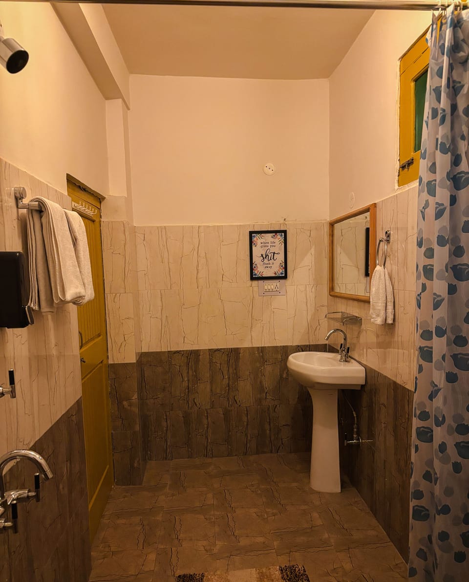 Shower, towels, soap, toilet paper