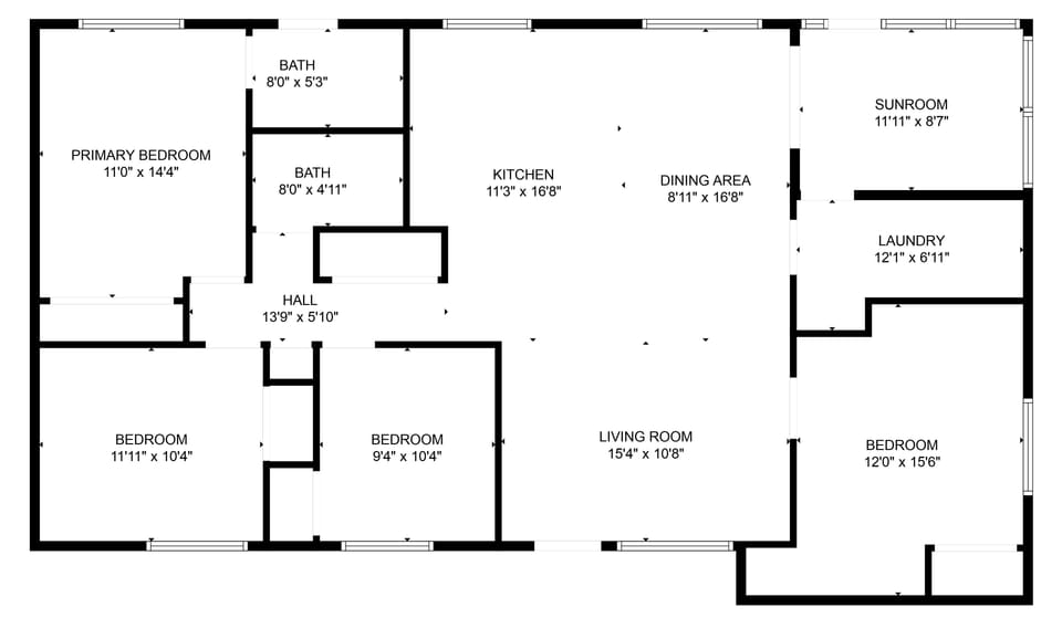 4 bedroom, 2 bathroom floorplan with kitchen, living room, laundry room