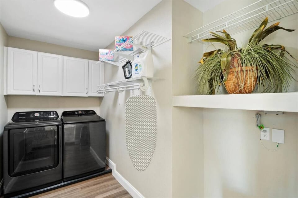 Laundry room with detergent, iron, steamer