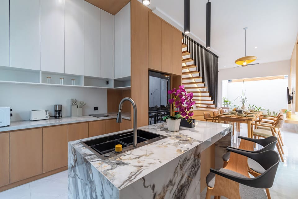 Deluxe Villa, Pool View | Private kitchen | Fridge, microwave, stovetop, electric kettle