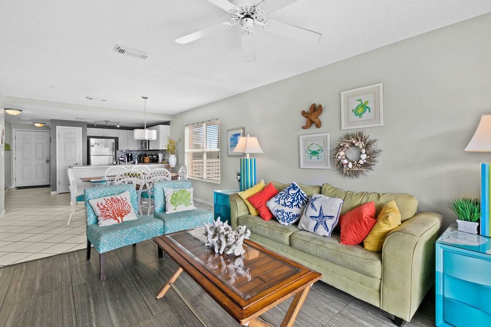 Plenty of comfortable seating makes this the heart of your beachside getaway.