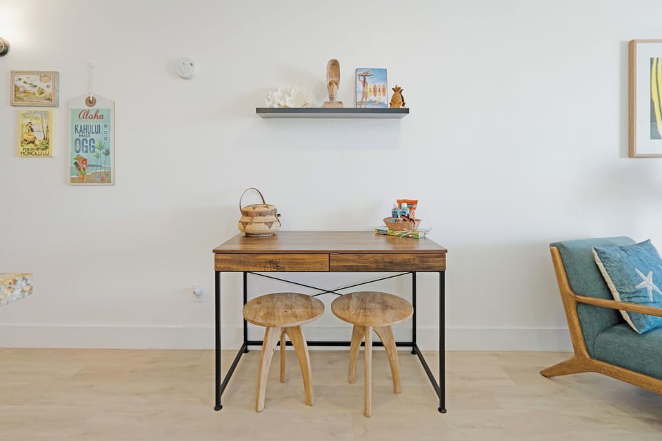 Desk area for working or creative tasks.