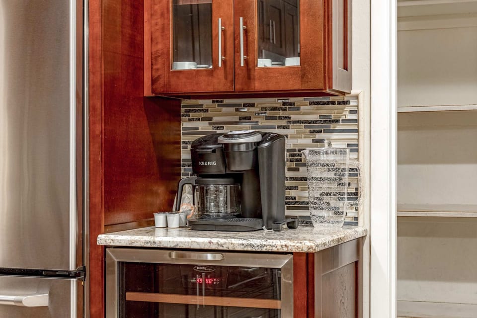 Coffee station with double Keurig offering traditional drip and a Keurig pod option. The best of both worlds 