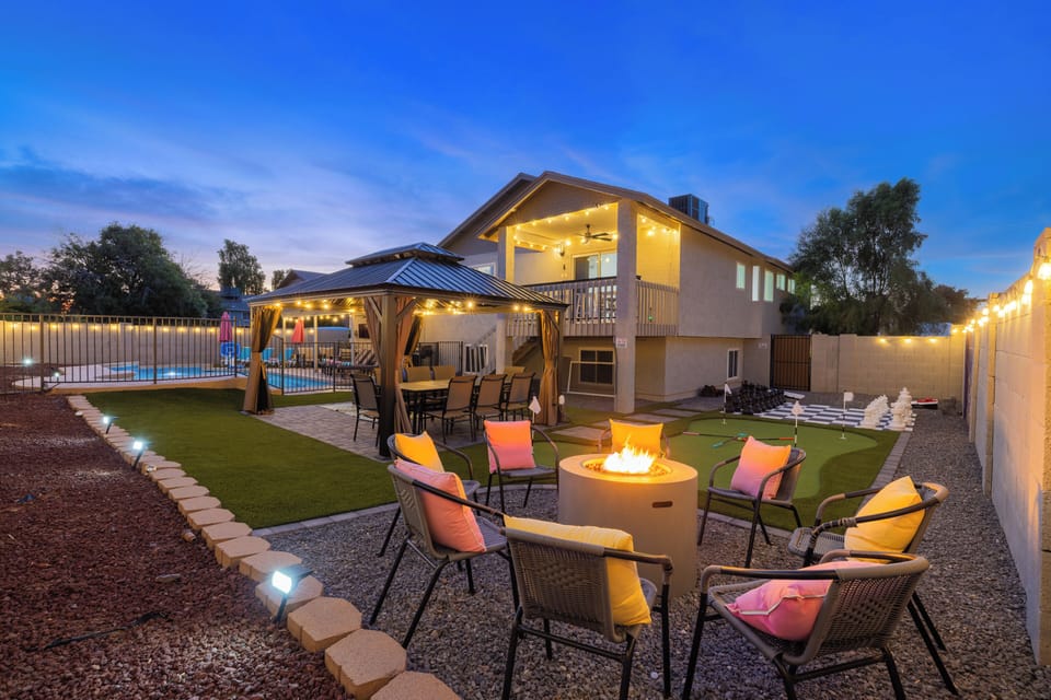 Beautifully lit backyard perfect for evenings under the stars