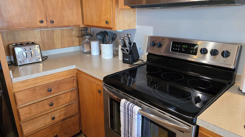 Large, fully stocked kitchen with electric stove, microwave, dishwasher